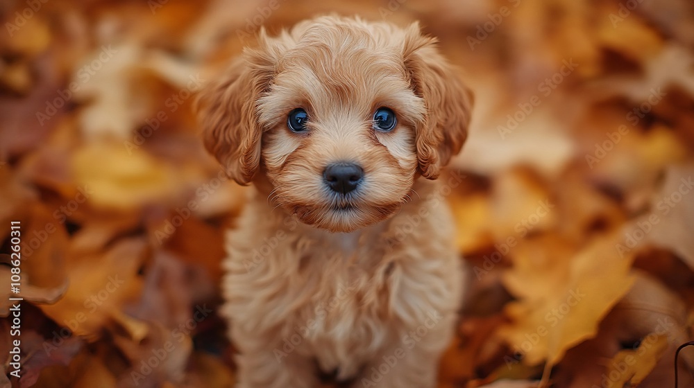 Adorable fluffy puppy sits amidst autumn leaves. Adorable fluffy puppy sits amidst autumn leaves.
