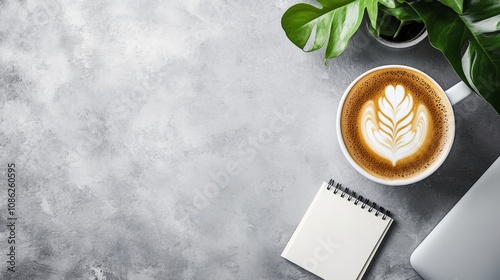 Elevated Coffee Experience: Latte Art on a Modern Desk photo