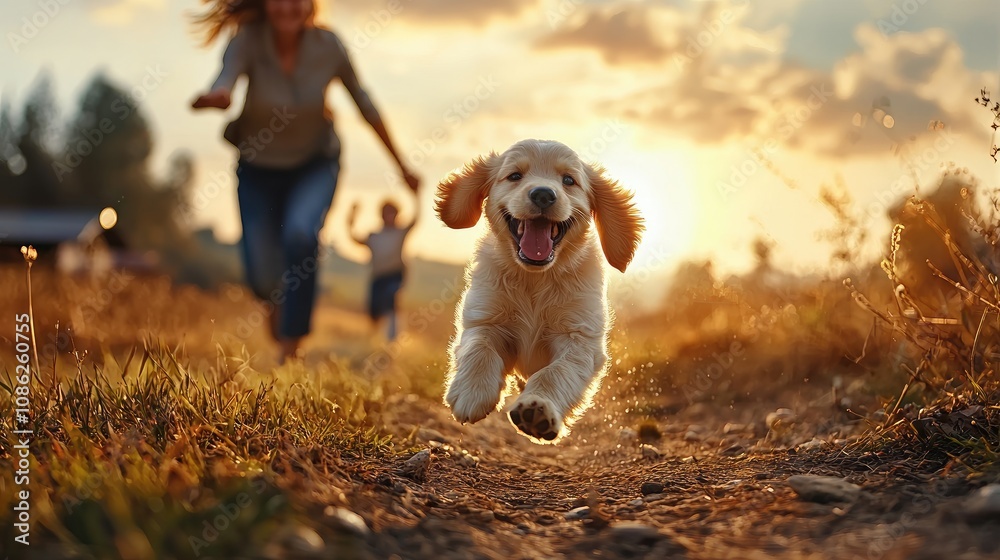 A joyful dog runs through a sunlit field with a child and an adult in the background, capturing a moment of happiness and freedom. A joyful dog runs through a sunlit field with a child and an adult in the background, capturing a moment of happiness and freedom.