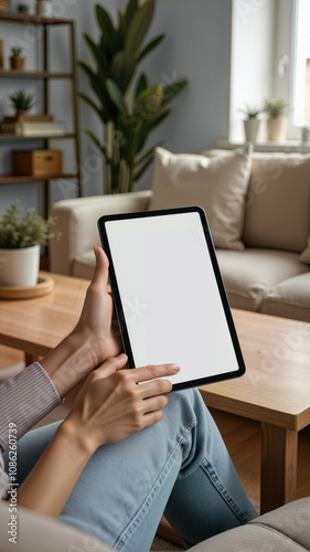 A woman relaxing on a couch, holding a blank tablet. This image is perfect for showcasing digital products, technology ads, or lifestyle blogs focused on home comfort and gadgets