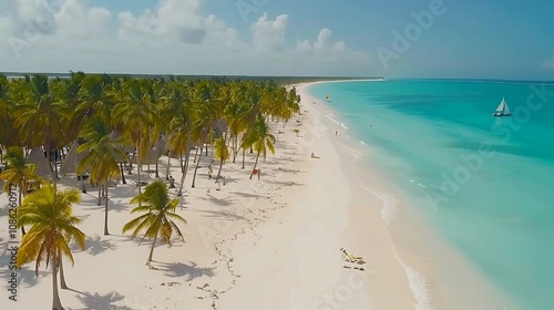 beautiful beach with coconut trees on the shore