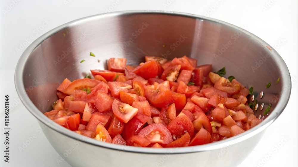 A large mixing bowl containing an assortment of chopped tomatoes, food display, kitchen essentials, home cooking supplies, salad ingredients A large mixing bowl containing an assortment of chopped tomatoes, food display, kitchen essentials, home cooking supplies, salad ingredients