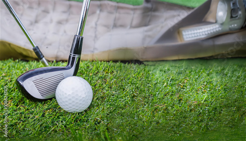 a background photo of a golf ball and several golf pins magnified on the lawn