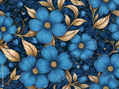 Abstract blue gold flowers, floral design pattern background Nature inspired illustration