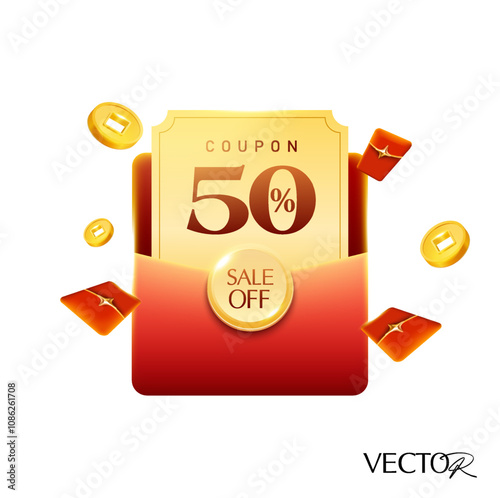 3d golden coupon inside a red envelope, with lucky money and golden coins flying around, coupon code and percent price off, isolated on white background. Cashback gift voucher in 3d vector. Vector