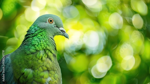 Green feathered pigeon background close up of its natural environment, AI generated image photo