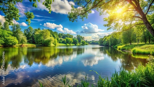 A serene summer landscape with a lake surrounded by lush green trees and a sunny sky, sun, summer