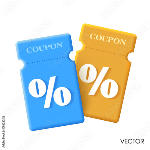 Couple of 3d coupons in blue and yellow, with coupon code, percentage sign, isolated on white background. 3D gift voucher icon in vector. Vector illustration