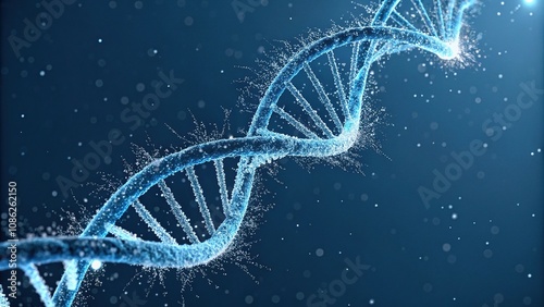 An elegant blue strand of DNA adorned with intricate crystalline structures that emit sparks in a precise symmetrical pattern, iridescent strands, shimmering nucleotides, glowing genetic motifs