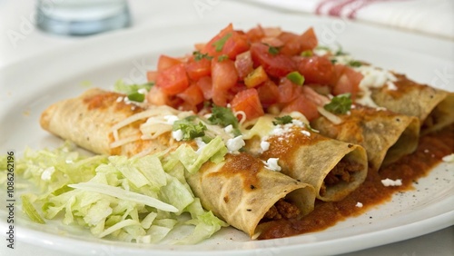 A plate of enchiladas with various toppings such as diced tomatoes and shredded lettuce, diced tomatoes, flavorful sauce, enchiladas, savory dish,