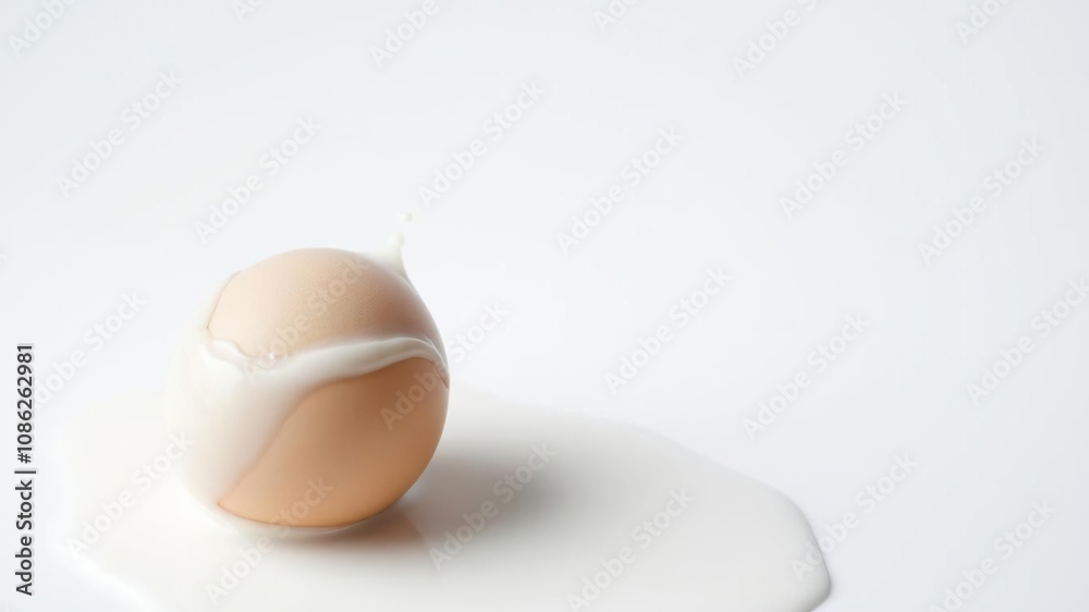 A single large egg with a prominent splash of milk, creating a visible creamy contrast on its surface, white, milk splash A single large egg with a prominent splash of milk, creating a visible creamy contrast on its surface, white, milk splash