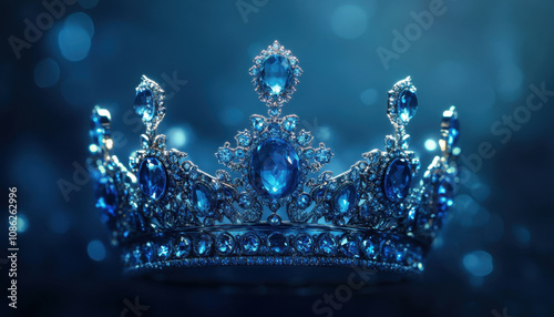 stunning blue crown adorned with sparkling gemstones, radiating elegance and luxury. intricate design captures light beautifully, creating captivating and mysterious atmosphere