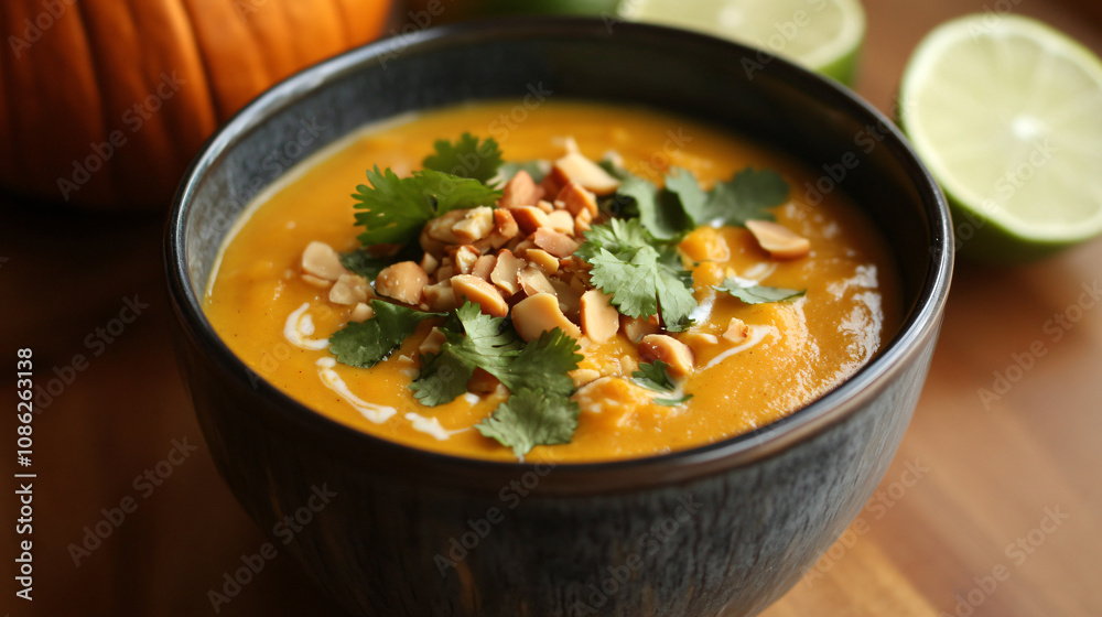 A bowl of pumpkin soup with coconut milk and fresh lime juice, garnished with chopped peanuts and cilantro. A bowl of pumpkin soup with coconut milk and fresh lime juice, garnished with chopped peanuts and cilantro.