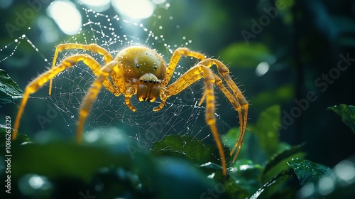 Yellow spider on dew-covered web in forest.