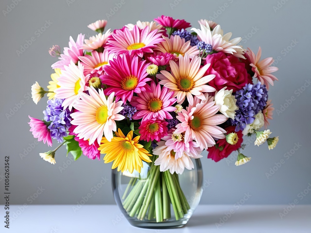 A stunning floral arrangement featuring a mix of bright and pastel-colored flowers arranged in a large glass vase, spring color palette, colorful flowers, florist's art A stunning floral arrangement featuring a mix of bright and pastel-colored flowers arranged in a large glass vase, spring color palette, colorful flowers, florist's art