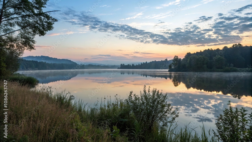 Fototapeta premium A tranquil lake reflecting the sky at dawn, dawn, calm, misty morning, reflective surface, stillness