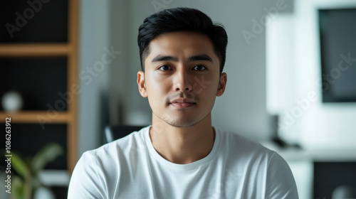 young man with dark hair is sitting in well lit room, looking directly at camera with calm expression. background features modern decor, creating professional atmosphere