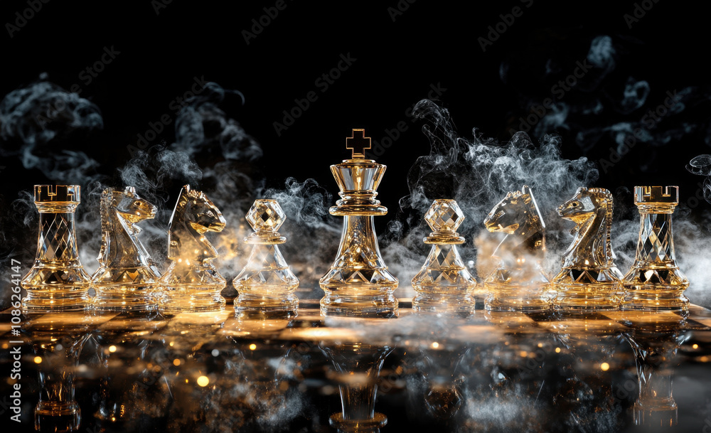 stunning display of transparent chess pieces set against dark background, surrounded by swirling smoke. intricate design of each piece adds touch of elegance to this classic game stunning display of transparent chess pieces set against dark background, surrounded by swirling smoke. intricate design of each piece adds touch of elegance to this classic game
