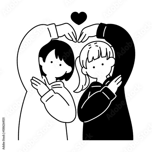上半身でハートをつくる仲良しペア[女性]の単色イラスト
