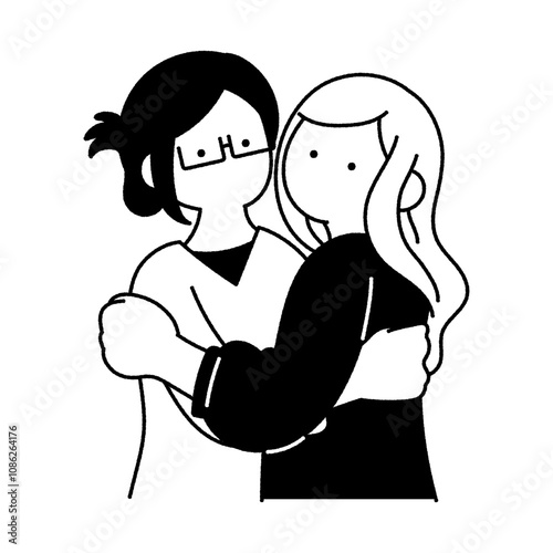 抱き合う仲良しペア[女性]の単色イラスト
