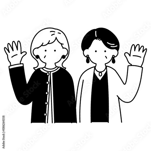 横に並んで手を振る中高年の仲良しペア[女性]の単色イラスト
