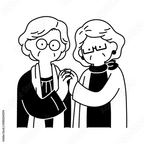 正面で指を組むシニアの仲良しペア[女性]の単色イラスト
