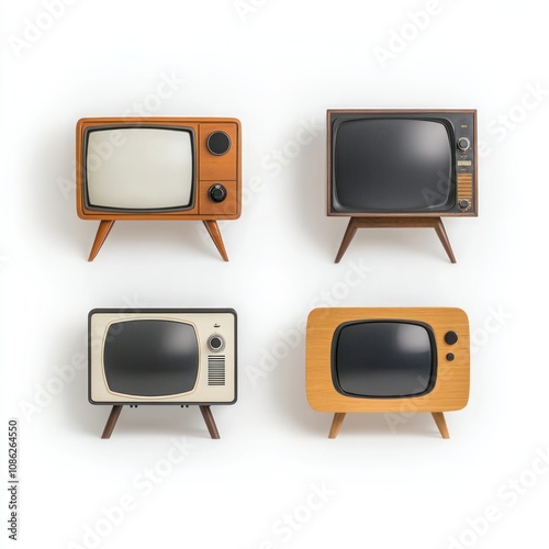 Vintage Collection: Four Mid-Century Wooden Box Retro TV Sets Isolated on White Background photo