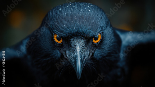 striking close up of crow, showcasing its intense orange eyes and detailed feathers. dark plumage contrasts beautifully with vibrant eye color, creating captivating and powerful image photo