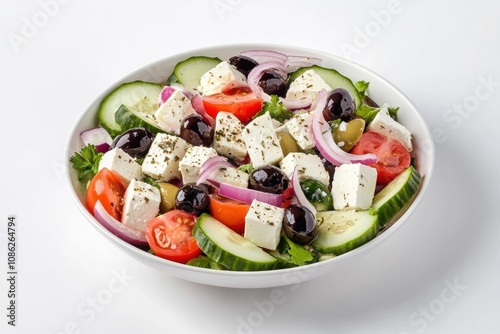 Classic Greek Salad with Feta Cheese, Olives, Cucumber, Tomatoes, Red Onions, and a Light Mediterranean Dressing