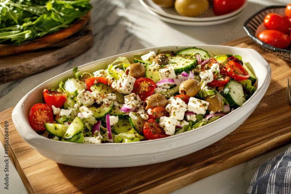 Classic Greek Salad with Feta Cheese, Olives, Cucumber, Tomatoes, Red Onions, and a Light Mediterranean Dressing
Classic Greek Salad with Feta Cheese, Olives, Cucumber, Tomatoes, Red Onions, and a Light Mediterranean Dressing