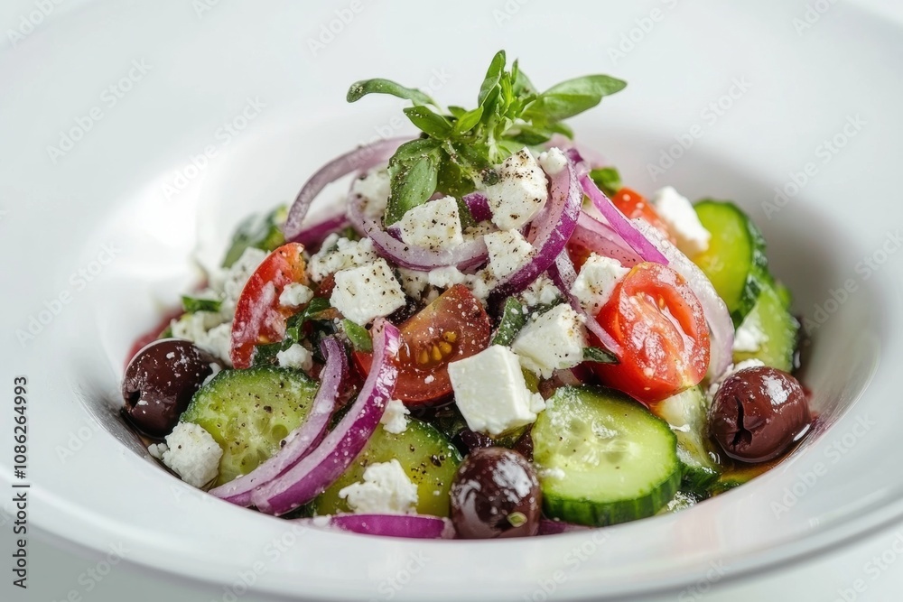 Classic Greek Salad with Feta Cheese, Olives, Cucumber, Tomatoes, Red Onions, and a Light Mediterranean Dressing
Classic Greek Salad with Feta Cheese, Olives, Cucumber, Tomatoes, Red Onions, and a Light Mediterranean Dressing
