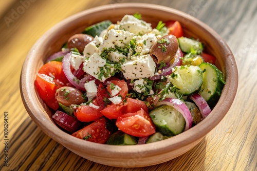 Classic Greek Salad with Feta Cheese, Olives, Cucumber, Tomatoes, Red Onions, and a Light Mediterranean Dressing