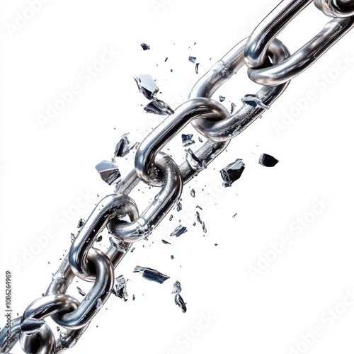 A silver chain breaking apart with pieces flying off into the air against a white background. photo