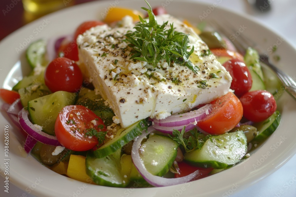 Classic Greek Salad with Feta Cheese, Olives, Cucumber, Tomatoes, Red Onions, and a Light Mediterranean Dressing Classic Greek Salad with Feta Cheese, Olives, Cucumber, Tomatoes, Red Onions, and a Light Mediterranean Dressing