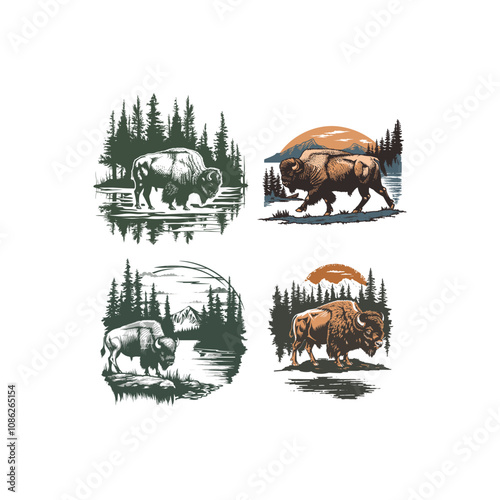 Lakeside bison animal logo design vector vintage
