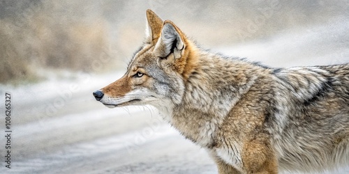 Close-up coyote watercolor painting with blurred background, blurred background, watercolor photo