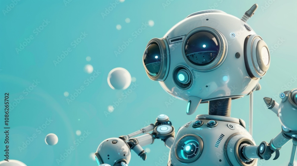 Fototapeta premium Cute robot using 3D modeling software on blue background, AI generated image
