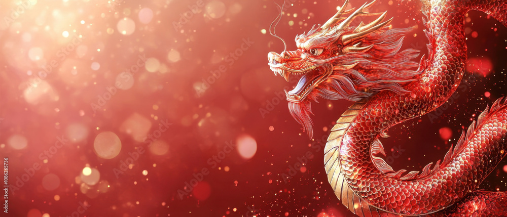 vibrant red dragon symbolizes strength and good fortune, set against shimmering background. This captures essence of celebration and prosperity, perfect for festive occasions vibrant red dragon symbolizes strength and good fortune, set against shimmering background. This captures essence of celebration and prosperity, perfect for festive occasions