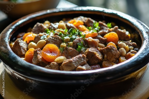 Authentic Moroccan Tagine with Tender Lamb, Sweet Dried Apricots, Crunchy Almonds, and Fragrant Spices, Served in a Traditional Clay Tagine Pot 