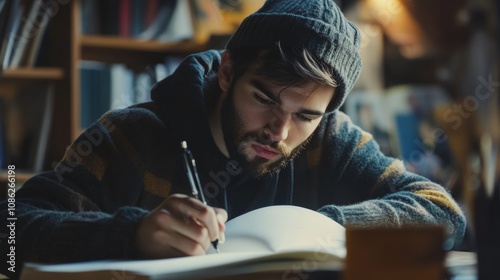 Focused Student in Library, Deep in Study photo