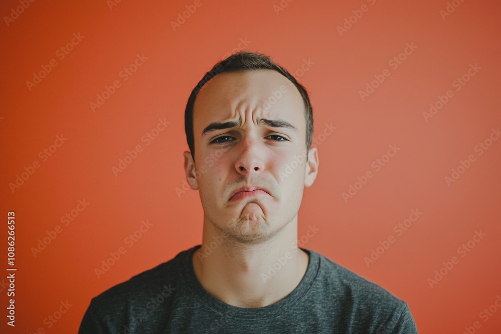 Emotional Portrait: A Man Expressing Sadness Against an Orange Background Emotional Portrait: A Man Expressing Sadness Against an Orange Background