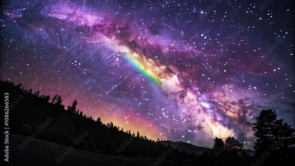 Fototapeta premium Cosmic swirly purple galaxy background with rainbow colored nebula, galaxy, swirl