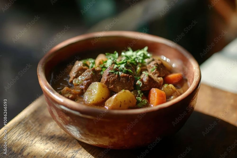 Hearty Beef Stew with Tender Chunks of Beef, Carrots, Potatoes, and Fresh Herbs, Served in a Rustic Ceramic Bowl
Hearty Beef Stew with Tender Chunks of Beef, Carrots, Potatoes, and Fresh Herbs, Served in a Rustic Ceramic Bowl
