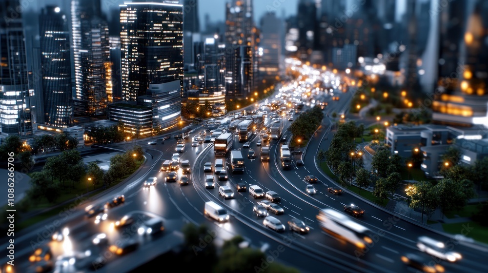 A bustling cityscape at dusk with heavy traffic and illuminated buildings. A bustling cityscape at dusk with heavy traffic and illuminated buildings.