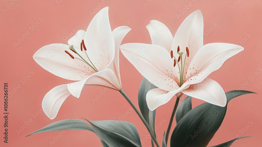 Naklejka premium Two elegant white lilies on a coral background.