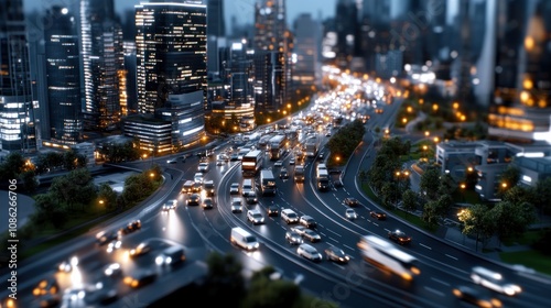 A bustling cityscape at dusk with heavy traffic and illuminated buildings.