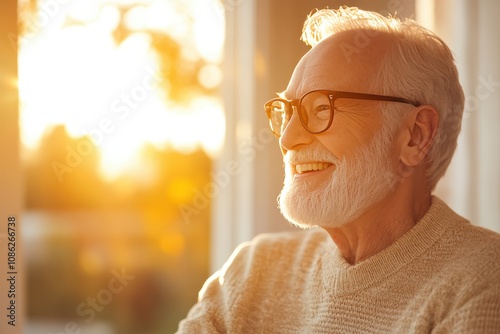 Fototapeta Naklejka Na Ścianę i Meble -  A senior's joyful smile, bathed in golden sunset light, reflects contentment and peace.
