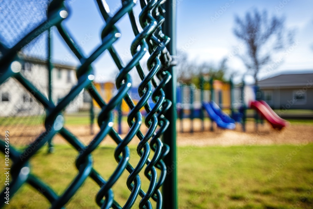 A sturdy chain-link fence with green privacy slats, surrounding a community playground, ensuring safety and providing a secure space for children to play and have fun. A sturdy chain-link fence with green privacy slats, surrounding a community playground, ensuring safety and providing a secure space for children to play and have fun.