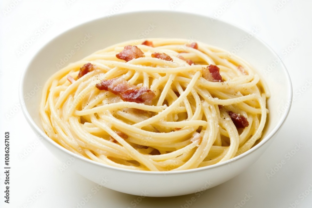 Classic spaghetti carbonara served in a white bowl, featuring a creamy sauce, crispy pancetta, grated Parmesan cheese, and fresh black pepper, creating a delicious Italian pasta dish perfect for lunch Classic spaghetti carbonara served in a white bowl, featuring a creamy sauce, crispy pancetta, grated Parmesan cheese, and fresh black pepper, creating a delicious Italian pasta dish perfect for lunch