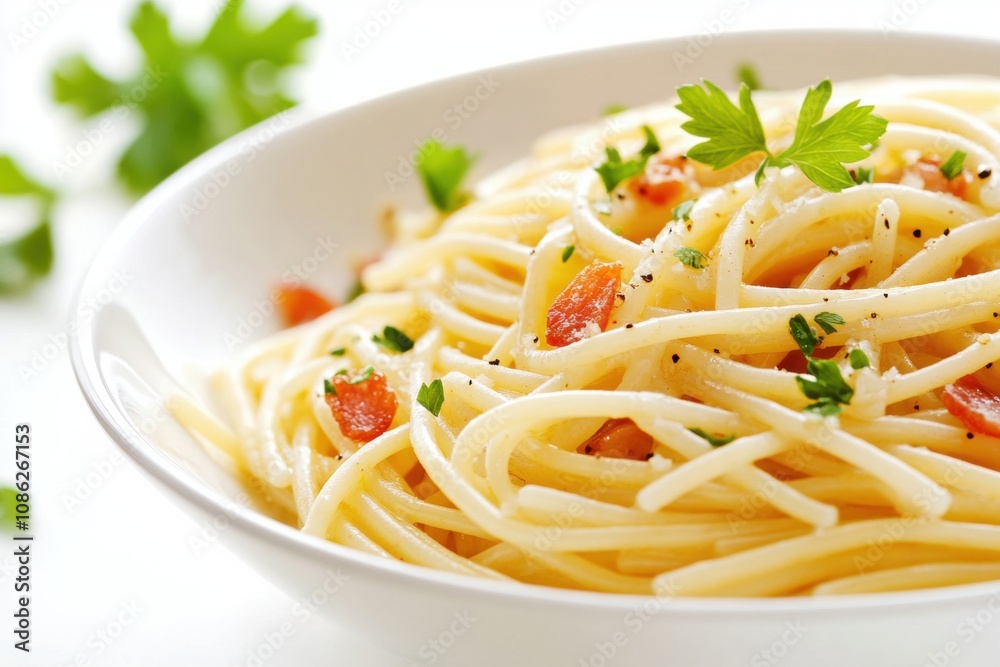 Classic spaghetti carbonara served in a white bowl, featuring a creamy sauce, crispy pancetta, grated Parmesan cheese, and fresh black pepper, creating a delicious Italian pasta dish perfect for lunch Classic spaghetti carbonara served in a white bowl, featuring a creamy sauce, crispy pancetta, grated Parmesan cheese, and fresh black pepper, creating a delicious Italian pasta dish perfect for lunch